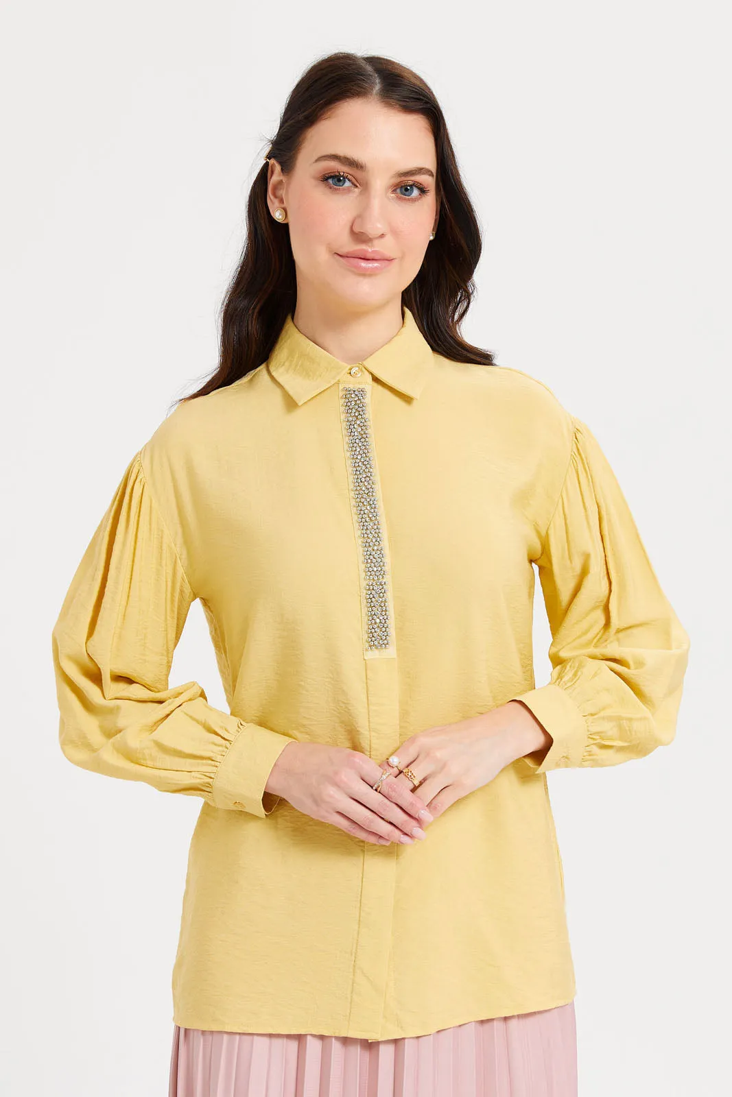 Women Yellow Embellished Trim Detailed Blouse