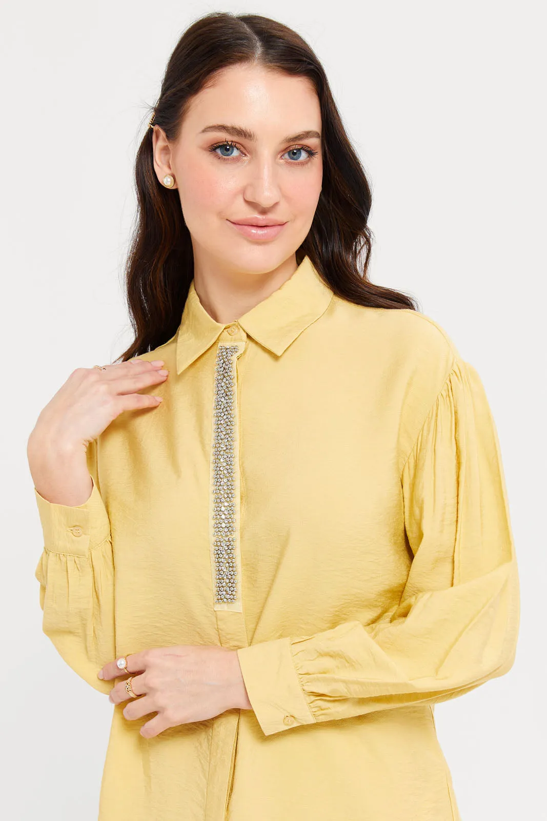 Women Yellow Embellished Trim Detailed Blouse