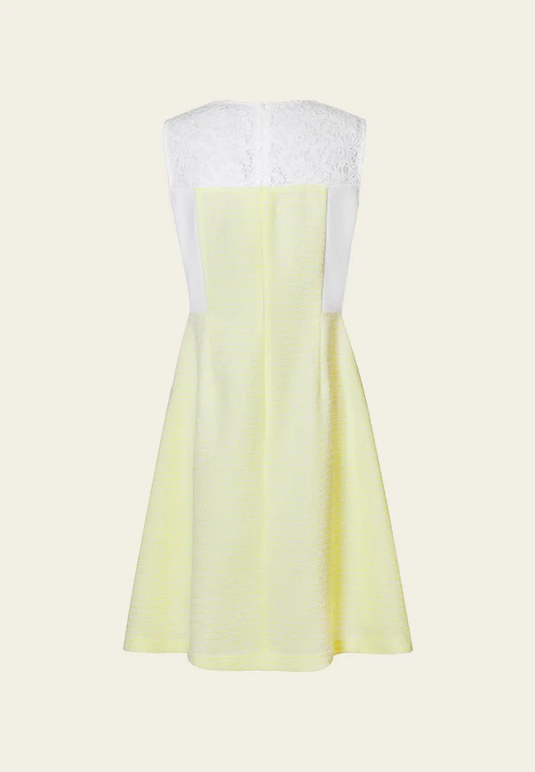 Yellow Lace Sleeveless Tweed Dress