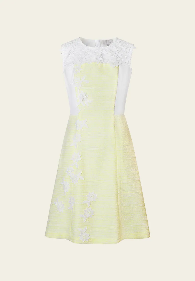 Yellow Lace Sleeveless Tweed Dress